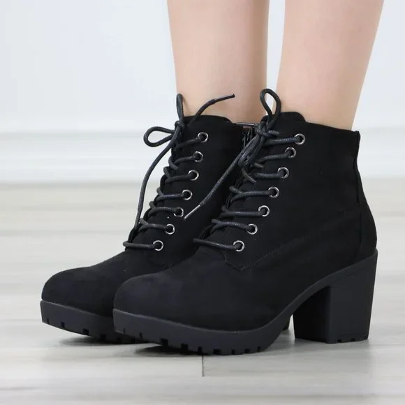 Black Suede Ankle Chunky Block Lug High Heel Boots Lace-Up - Picture 7 of 13